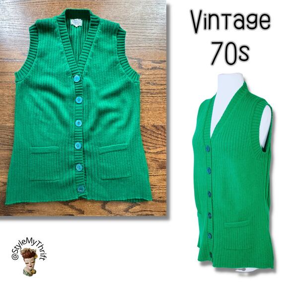 Vintage 70s Green Sweater Vest Button Indie Alternative Groovy Emo Punk Cosplay - Picture 1 of 11